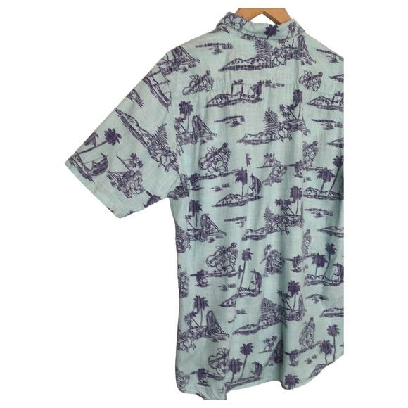 Rustic Blue Top Mens L Hawaiian Tropical Cotton Button Up Short Sleeves Blue - Picture 9 of 11